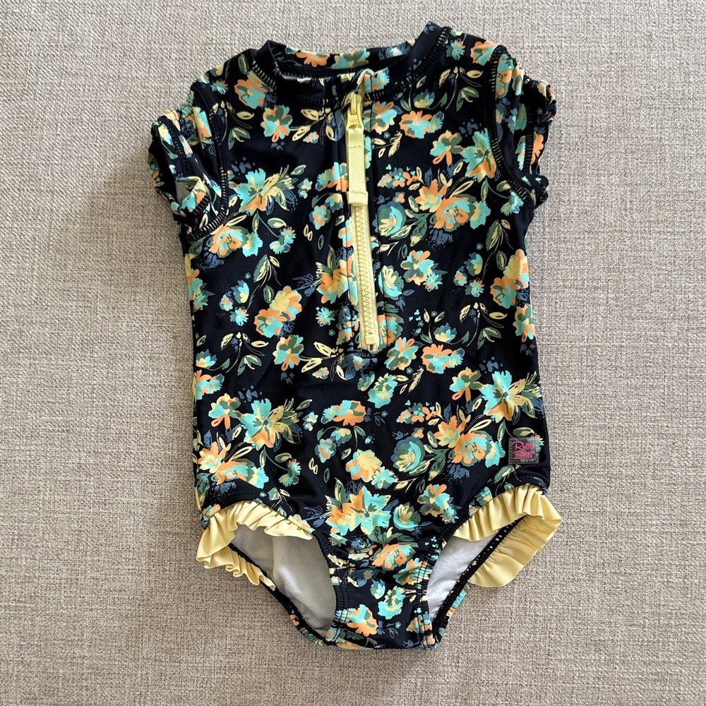 Ruffle Butts 2T Black and Yellow Floral Kids Rashguard swimsuit